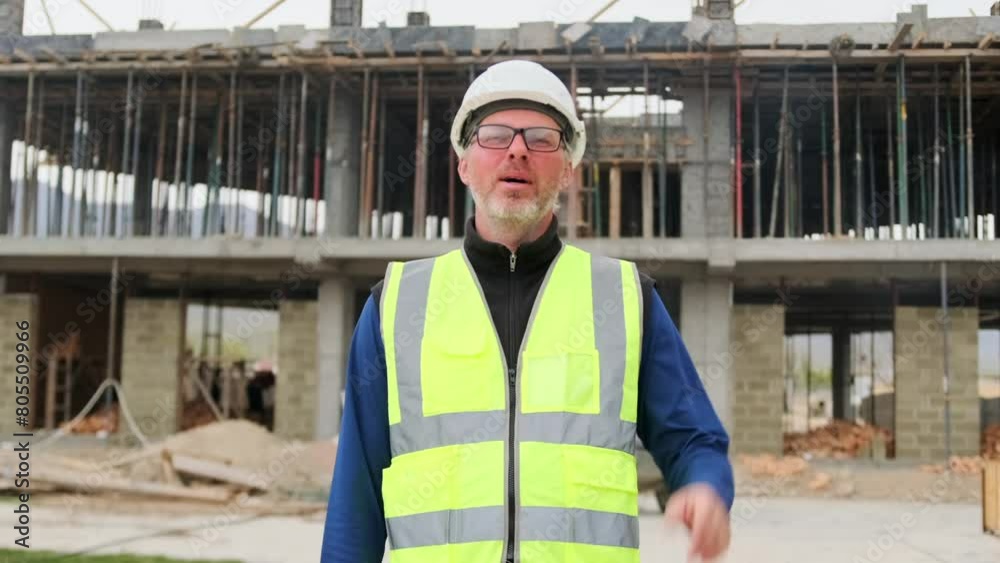 Architect designer speaks looking at camera while taking off safety helmet leaving construction site. Mid shot. Architect designer speaks looking at camera while taking off safety helmet leaving construction site. Mid shot.