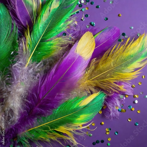 colorful feathers background, purple, yellow, green feathers on a purple background, suitable for design with copy space © sinthi