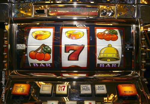 Casino's fruit machine front adorned with sevens.