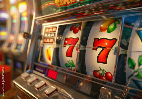 Casino's fruit machine front adorned with sevens.