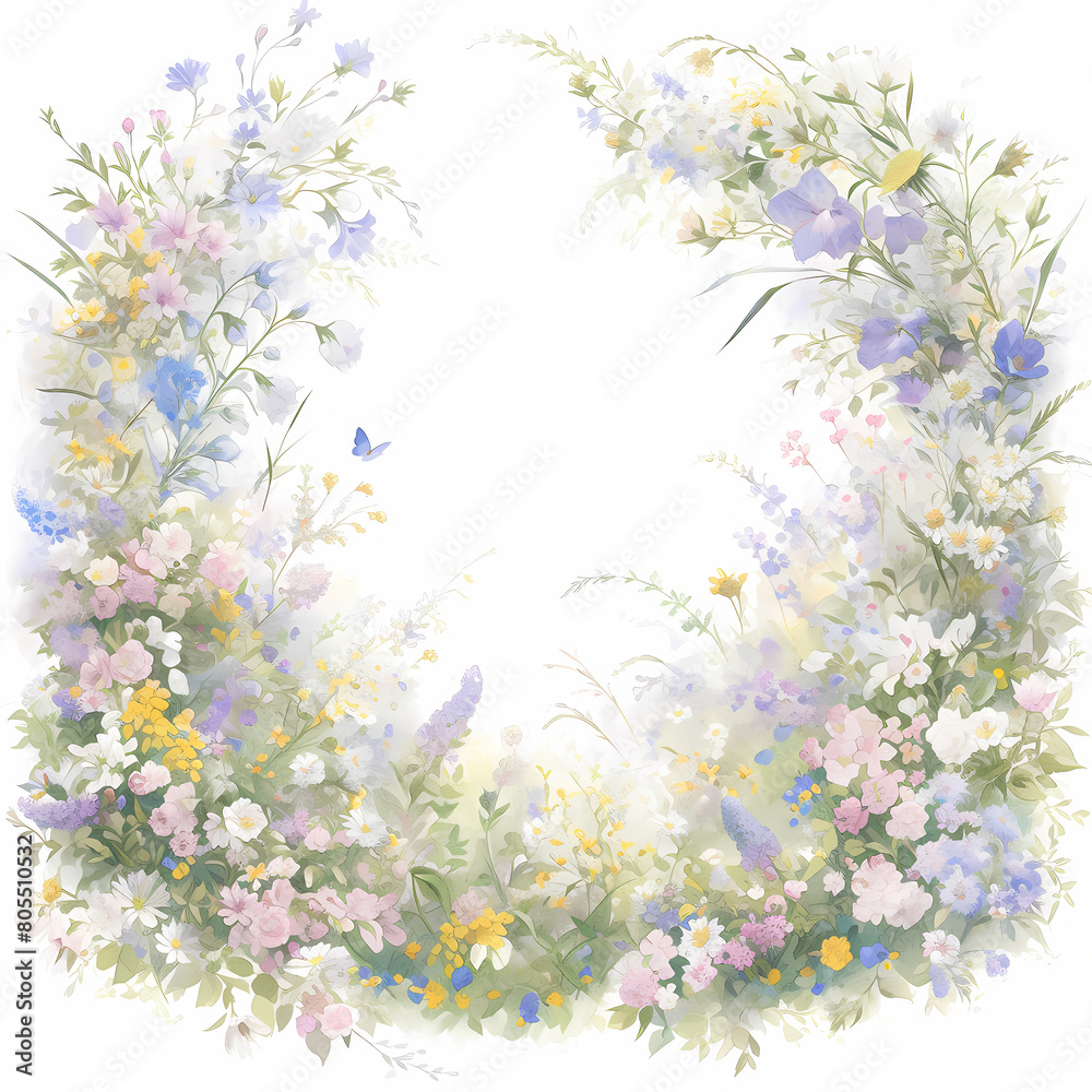Vibrant, Hand-Illustrated Flower Wreath Design with a Blank Center, Ideal for Adding a Touch of Nature to Your Creative Projects or Celebrations.