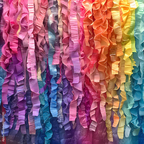 a bunch of colorful ruffles hanging from a wall