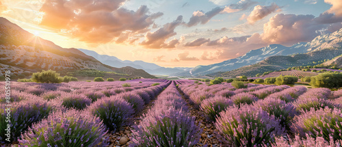 Vibrant purple lavender fields at sunset in Provence, rows leading towards a distant horizon under a dramatic sky