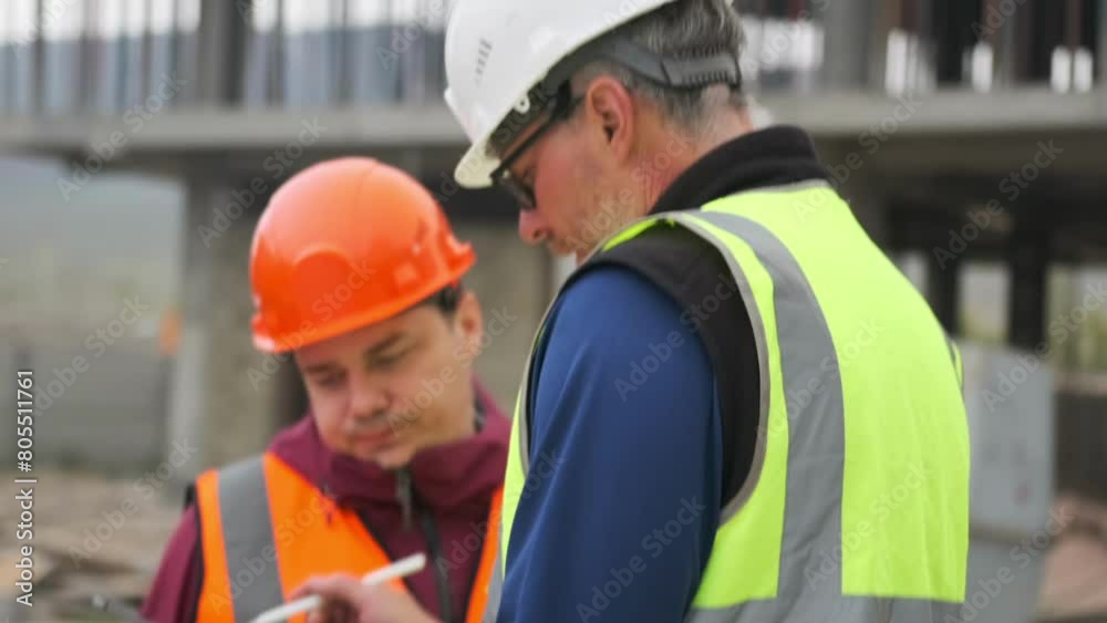 Confident male engineer or architect discussing construction issues with workers colleagues on building site, close up.