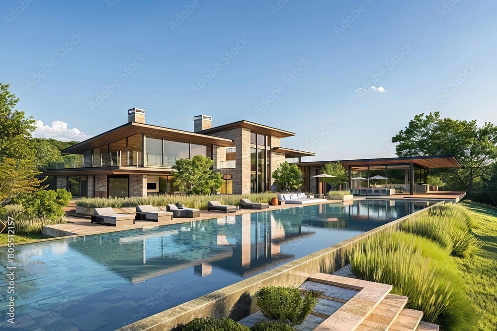 luxurious texas ranch expansive modern home with infinity pool and scenic countryside views 3d rendering