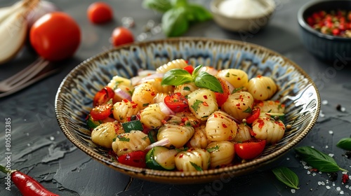 italian gnocchi with pepper pieces  courgette pieces  feta cheese  sliced onion and cherry tomatoes