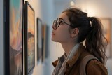 thoughtful young woman with glasses appreciating art at gallery exhibition digital painting