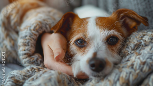 A happy dog rests comfortably on a soft bed with loving touch and gently from pet parent, heartwarming of pet healthcare at home.