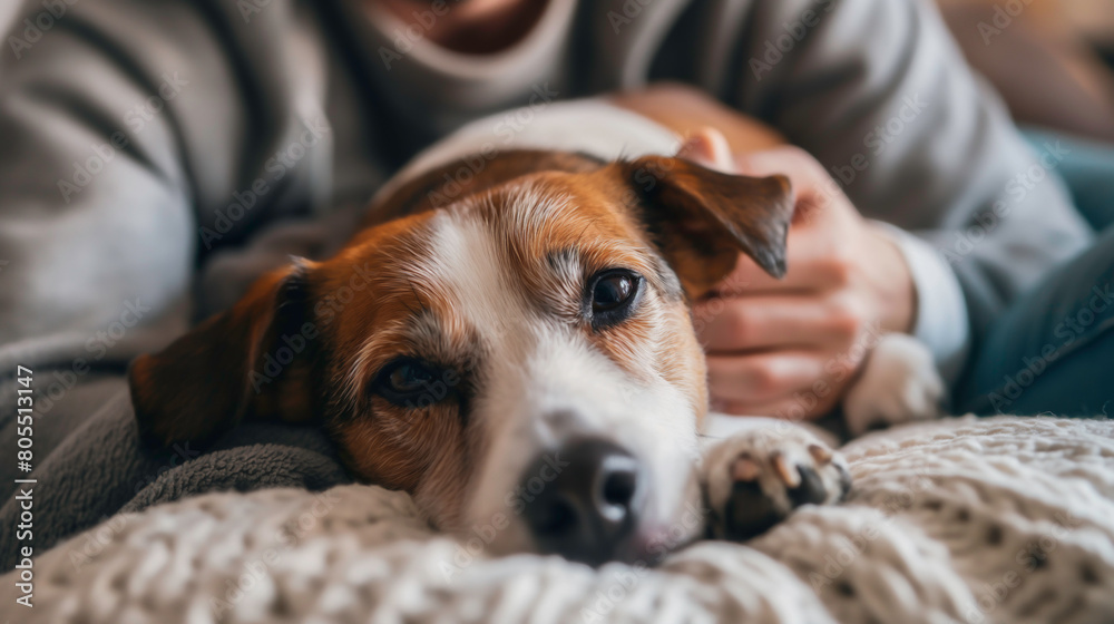 A dog rests comfortably on a soft bed with loving touch and gently from pet parent, heartwarming of pet healthcare. A dog rests comfortably on a soft bed with loving touch and gently from pet parent, heartwarming of pet healthcare.