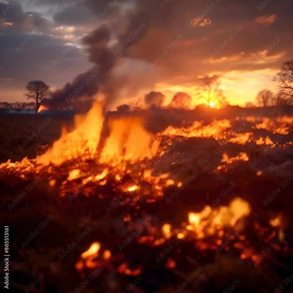 A fiery grassland at dusk with smoke rising into the twilight sky, evoking the power of nature. generative AI A fiery grassland at dusk with smoke rising into the twilight sky, evoking the power of nature. generative AI