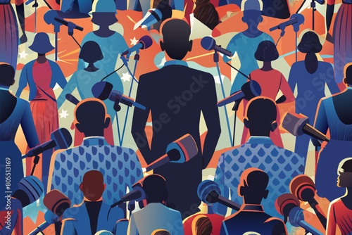 Correspondents pattern vector illustration. Silhouette of interviewing Journalists. Press conference of reporters. Crowd of people with video cameras and microphones. Vector illustration