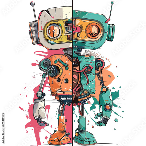 Na rysunku widzimy dwa roboty stojące obok siebie. Pierwszy robot jest wyższy i bardziej futurystyczny, drugi robot jest mniejszy i ma bardziej zaokrąglone kształty
