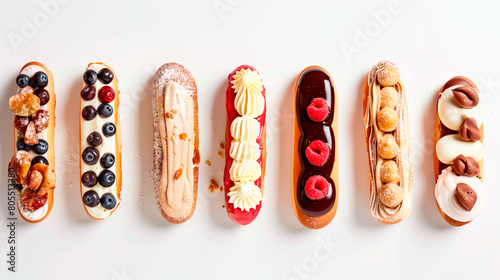 Different types of eclairs topped with nuts, berries and chocolate on a white background