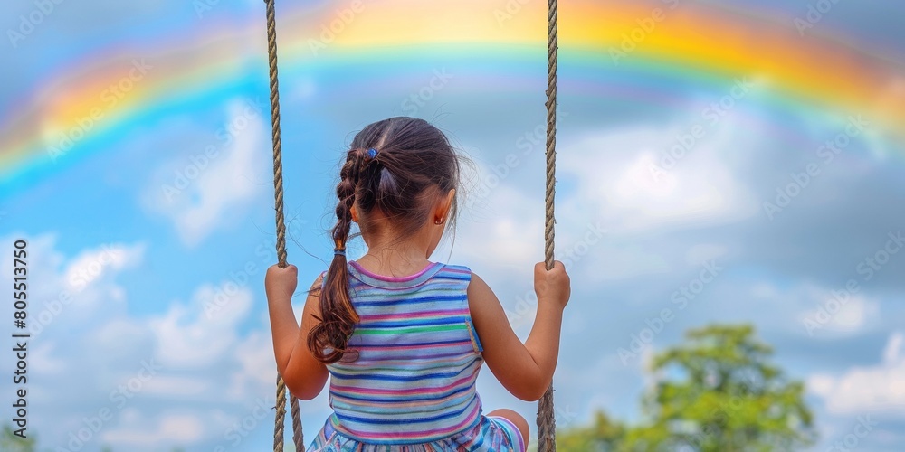 A young girl experiences the joy of outdoor play on a swing under a colorful rainbow