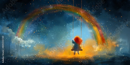 In a dreamy landscape, children are playing under a multi-colored rainbow, swinging in the sky among fluffy clouds
