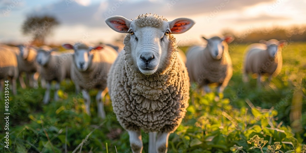 Fototapeta premium Sheep grazing in a lush green meadow, embodying rural serenity and pastoral beauty