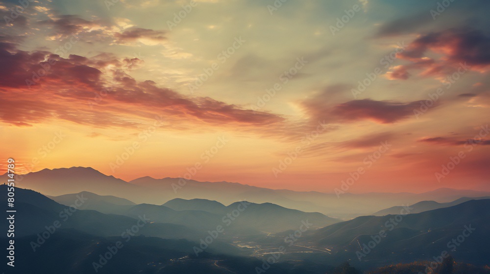 sweeping panorama of a vibrant dawn over the mountains. image filtering: cross-processed vintage look