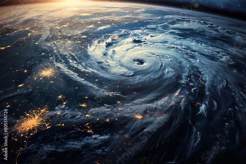 massive hurricane swirling over earth dramatic satellite view from space digital illustration