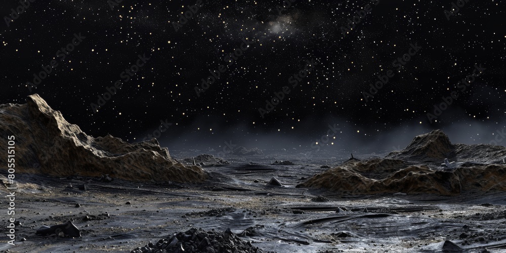 Barren Alien Landscape Under Starry Sky. Extraterrestrial Surface. Rocky Terrain on Desolate Planet. Generative AI