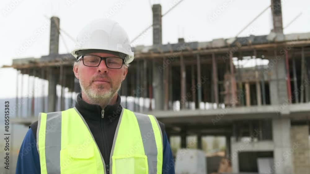 Portrait of professional manager, male engineer, an experienced specialist in helmet, reflective vest and glasses standing against background of building under construction, beams and scaffolding. Portrait of professional manager, male engineer, an experienced specialist in helmet, reflective vest and glasses standing against background of building under construction, beams and scaffolding.