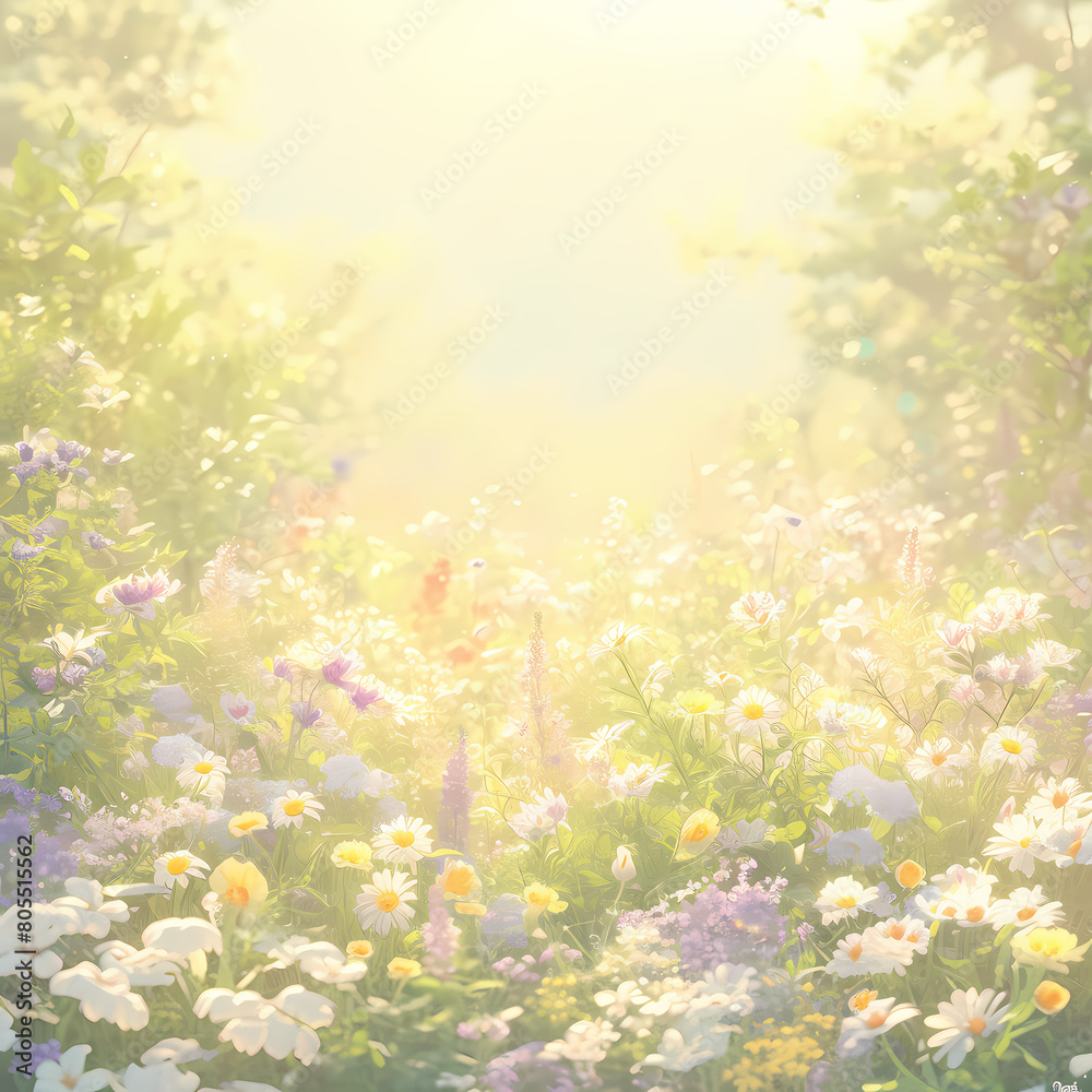 Enchanting Spring Flora in Full Bloom - a picturesque meadow under the warm glow of sunlight.