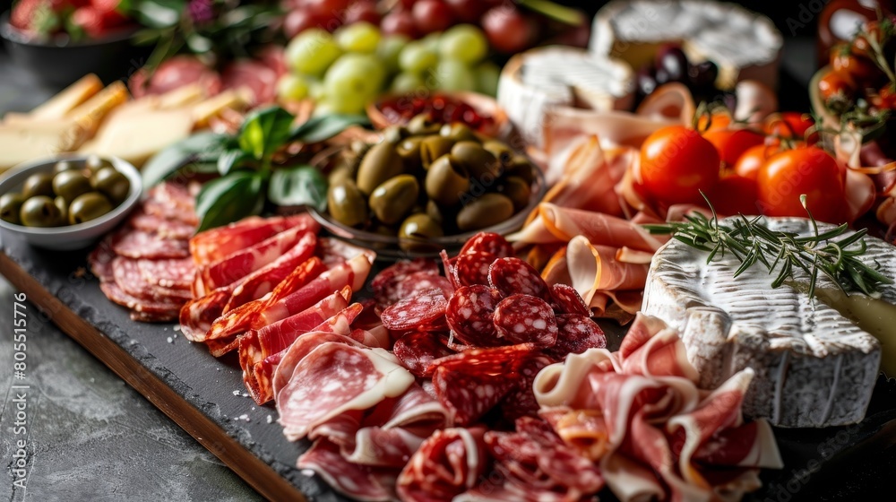 a gourmet charcuterie board featuring a variety of cured meats