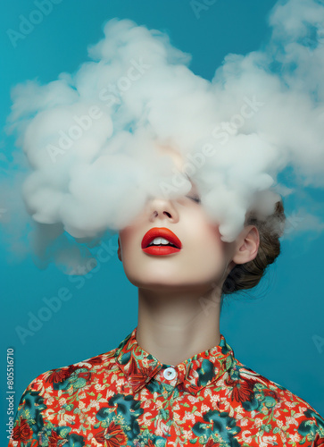 Woman with head in the clouds, blue background, red lipstick, surreal photography