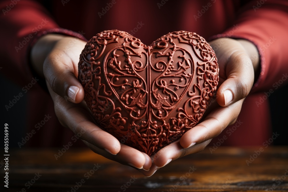 A heartfelt message in chocolate - a hand tenderly holding a sweet heart.