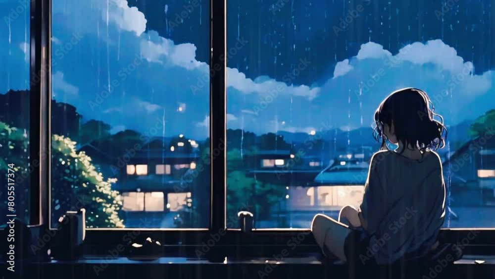 Lofi girl sitting by a rainy window, watching raindrops trickle down the glass, with soft jazz music playing in the background, 2D Japanese anime-style cozy LoFi hip-hop 4K animation video