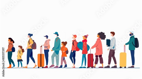 Airport queue, travel and people legs for international vacation, holiday or immigration with suitcase and kid. Line or group of women, men and child with luggage waiting for global flight schedule