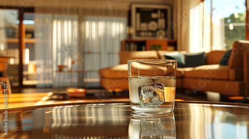 glass of water as the focal point in the very centre of the image  warm  huge and luxurious mid-century modern living room in the background