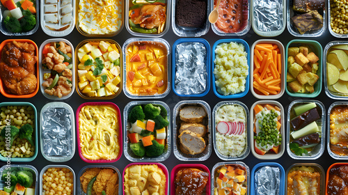 Nostalgic Array of Colorful Trays Filled with Classic TV Dinners Ready for the Oven photo