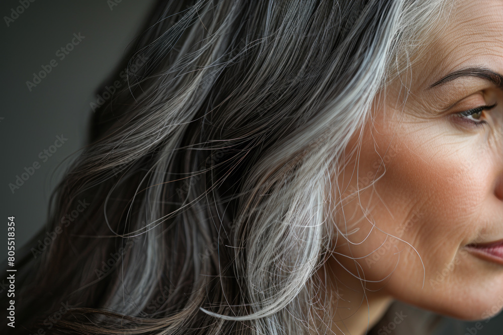 Mature European woman with gray dyed hair, close-up. Aging process, hair care Mature European woman with gray dyed hair, close-up. Aging process, hair care