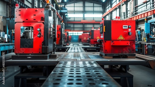 Simplified scene of a metal fabrication workshop with bold red machinery, designed for industrial sector marketing.