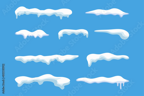 Snow drifts. vector illustration. Snowflackes caps hanging from the roof. Snow with icicles. Snow on a blue background. Set of snow caps with icicles. Detail for winter landscape or illustration photo