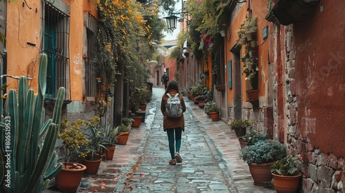 Back view of unrecognizable female tourist strolling on narrow street between aged houses during trip in san miguel de allende © Emil