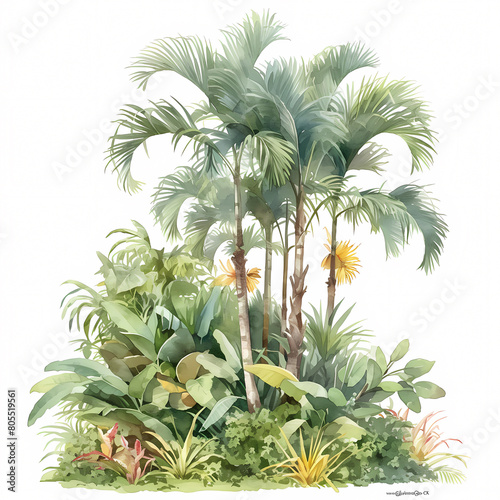 A vintage-style watercolor illustration capturing the lush beauty of a tropical paradise with vibrant colors and detailed foliage. Perfect for travel  nature  or adventure-themed projects.