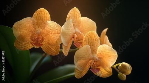 Close-up of blooming yellow orchids in soft light