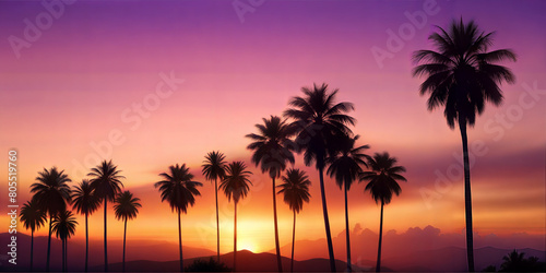 Silhouetted palm trees against a vibrant sunset, casting a tranquil scene of natural beauty.