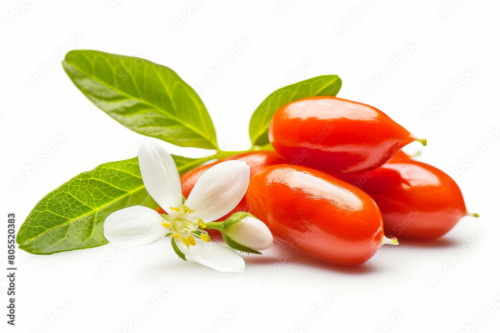 Fresh red goji with leaves isolated on a white background. Fresh red goji with leaves isolated on a white background.