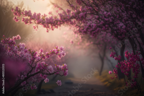 Beautiful blooming sakura tree branches. Spring nature. Pink flowers macro. The morning sun shines softly through the mist. Japanese cherry blossoms. Generative AI