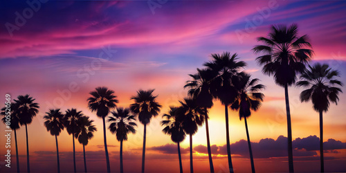 Silhouetted palm trees against a vibrant sunset, casting a tranquil scene of natural beauty.