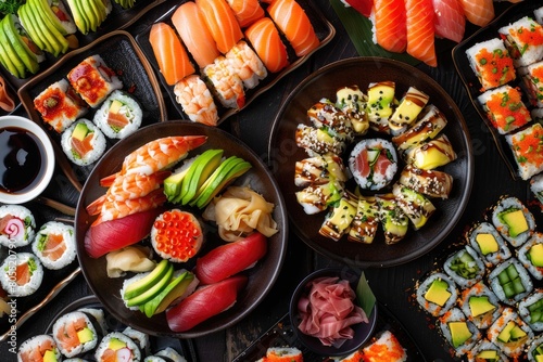 A lavish spread of various sushi types including nigiri, sashimi, and rolls, beautifully garnished and ready to be enjoyed.
