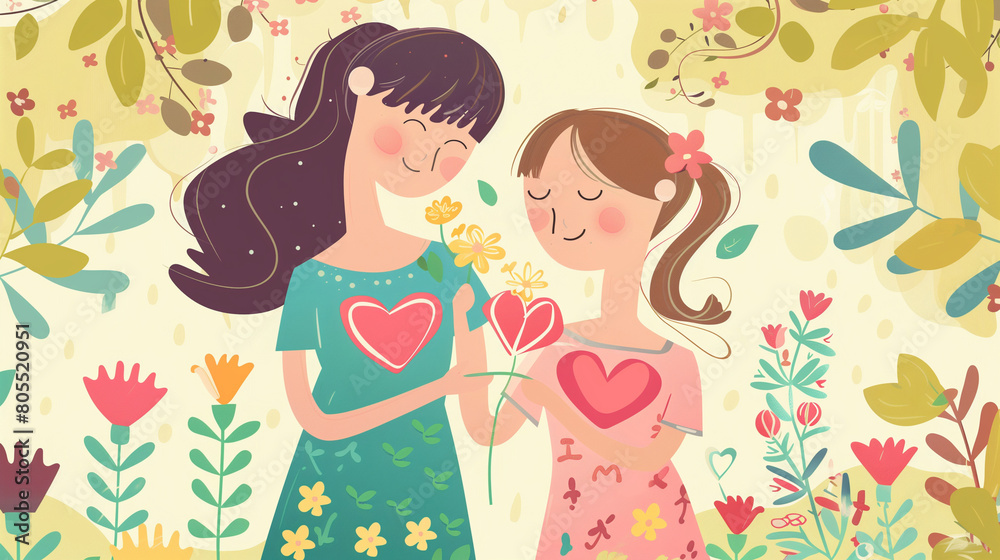 vector drawing of mother and daughter with hearts Mother's Day vector drawing of mother and daughter with hearts Mother's Day