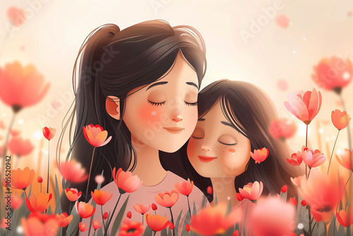 mother and daughter in a field of flowers vector drawing Mother's Day