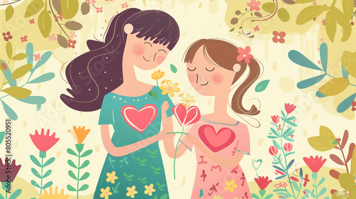 vector drawing of mother and daughter with hearts Mother's Day