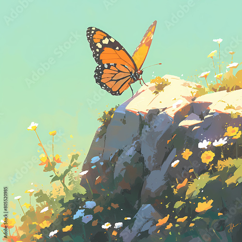 Beautiful Orange and Yellow Butterfly with Gossamer Wings  Perched atop a Jagged Rock in a Floral Garden