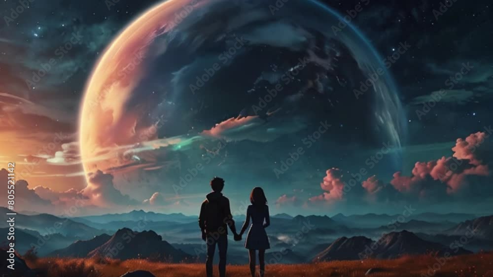 Couple Holding Hands and Gazing at a Giant Planet in a Surreal Landscape Couple Holding Hands and Gazing at a Giant Planet in a Surreal Landscape