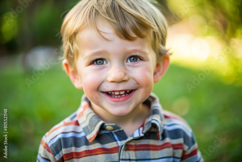A happy child smiles into the camera. A little boy with blue eyes and a sincere smile looks into the camera. A cheerful boy with blue eyes and a genuine smile enjoys a sunny day in a verdant park.