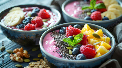 Colorful smoothie bowls with chia seeds and fresh fruits, nutrient-packed breakfast